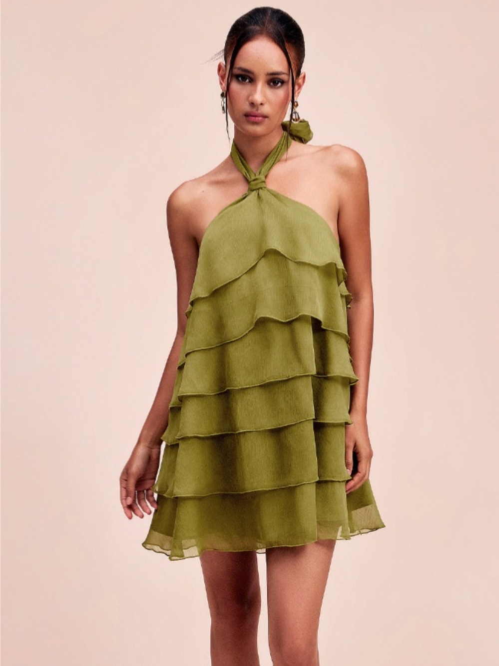 Cider Olive One-Shoulder Tiered Ruffle Mini Dress